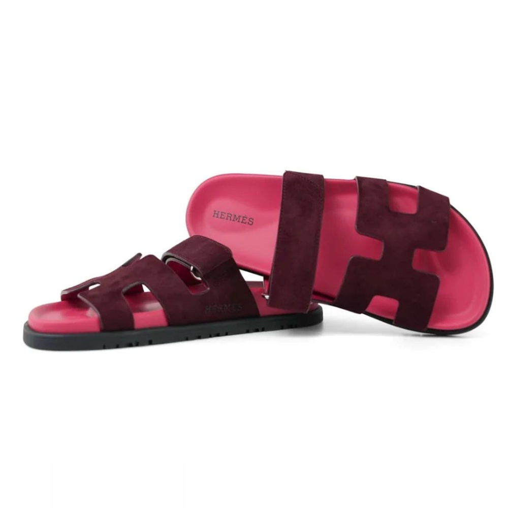 Hermes Chypre Sandals in Deep Red Suede (Rouge Marsala)